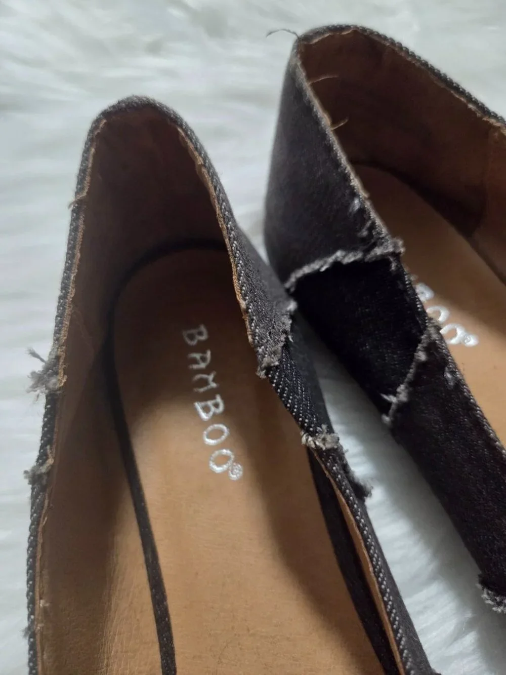 Bamboo Distressed Black/Gray Denim Flats